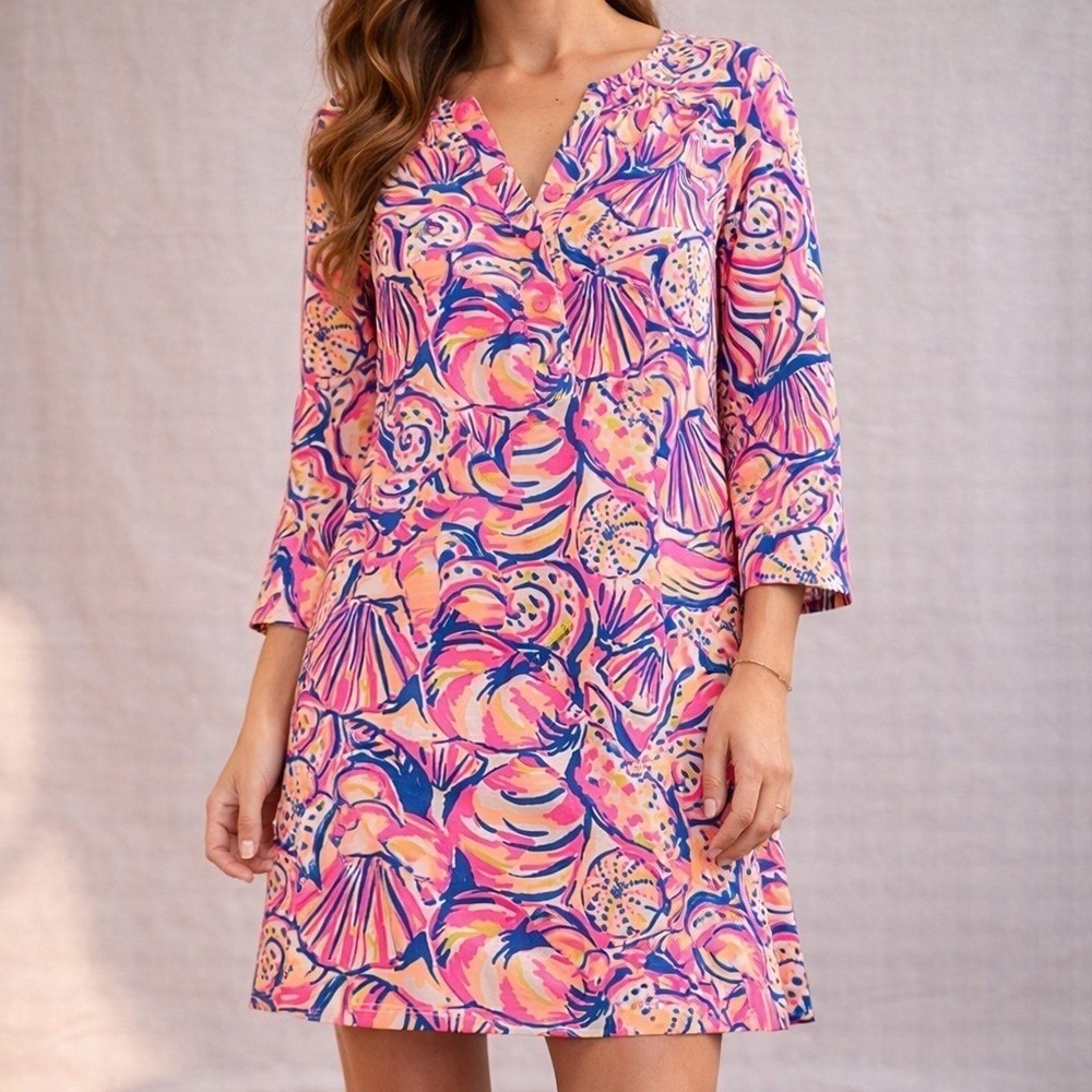 Lilly Pulitzer Shift Jersey Dress Womens S Pink Shell 3/4 Sleeve Resortwear